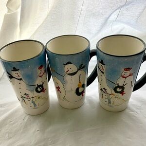 NWOB Oneida Snow Family Hand Painted  Ceramic Latte Mugs  - Set of 3